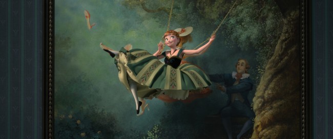 REPURPOSED PAINTING – Artist Lisa Keene’s painting—completed during the development phase of “Tangled” and based on “The Swing” by Jean-Honoré Fragonard—made such an impression on “Frozen” filmmakers, it became part of Anna’s signature song, “For the First Time in Forever,” when she leaps into the air and mimics the painting’s pose.