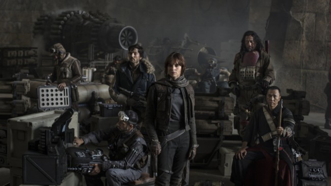 Star Wars: Rogue One L to R: Actors Riz Ahmed, Diego Luna, Felicity Jones, Jiang Wen and Donnie Yen Photo Credit: Jonathan Olley ©Lucasfilm 2016